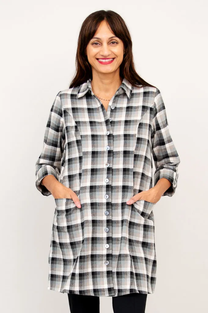 Larissa Tunic, Black Retro Plaid, Cotton Flannel