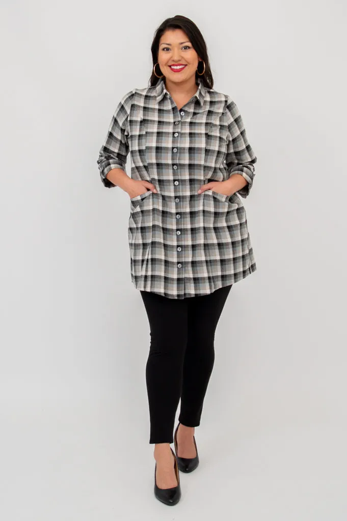 Larissa Tunic, Black Retro Plaid, Cotton Flannel