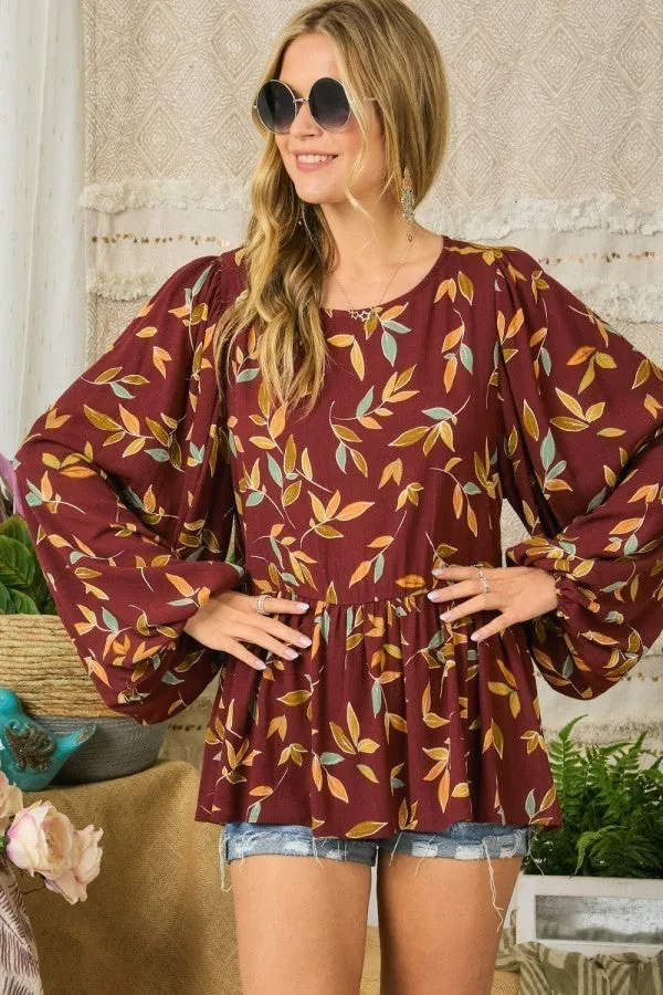 Leaf Print Boho Puff Sleeve Top
