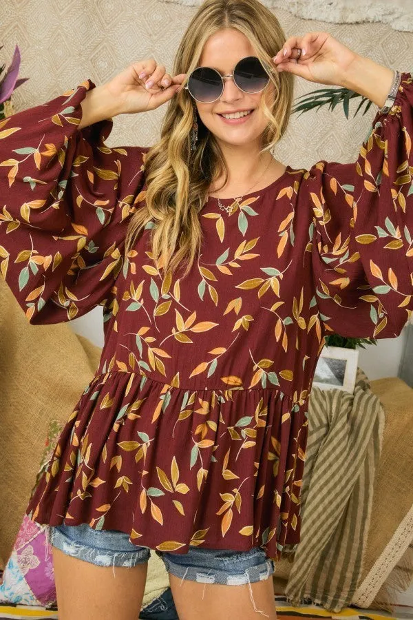 Leaf Print Boho Puff Sleeve Top