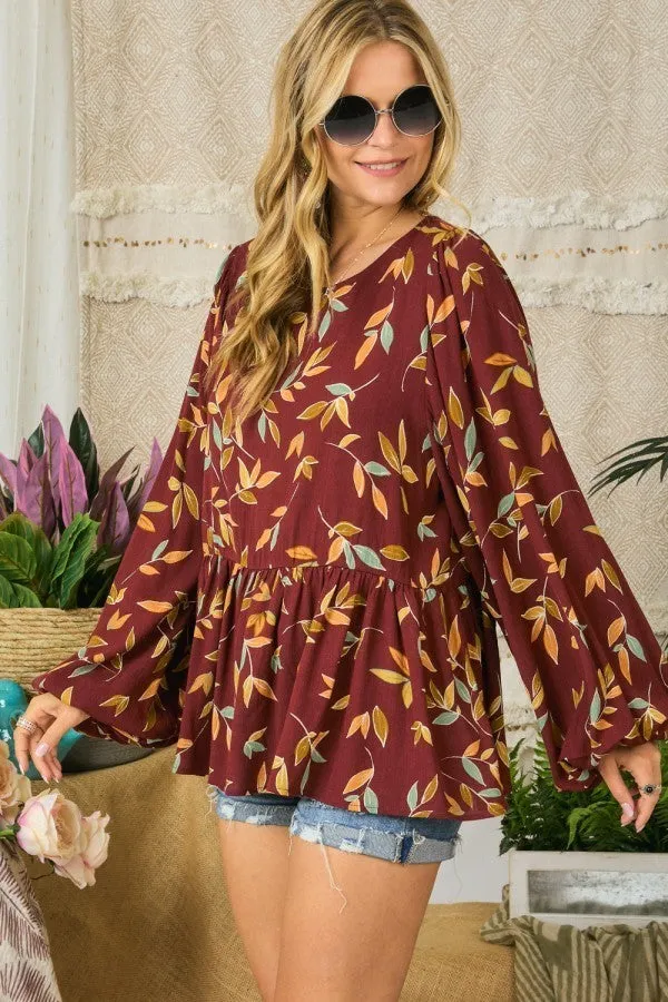 Leaf Print Boho Puff Sleeve Top