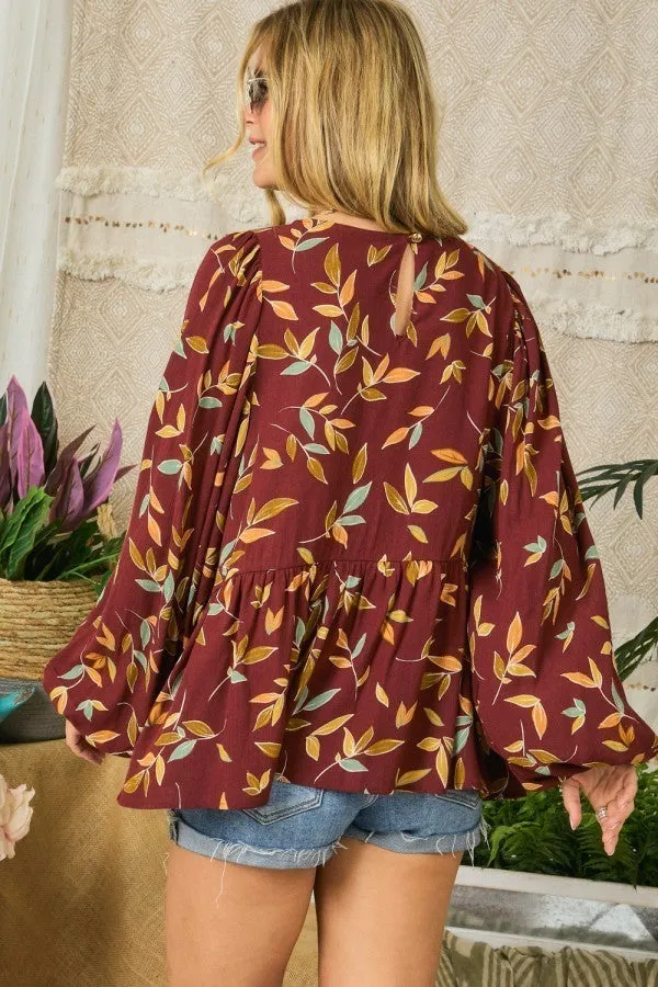 Leaf Print Boho Puff Sleeve Top