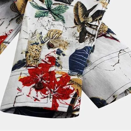 Leaves Floral Printing Flax Loose Shirt