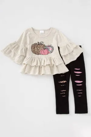 Leopard pumpkin  ruffle pants set