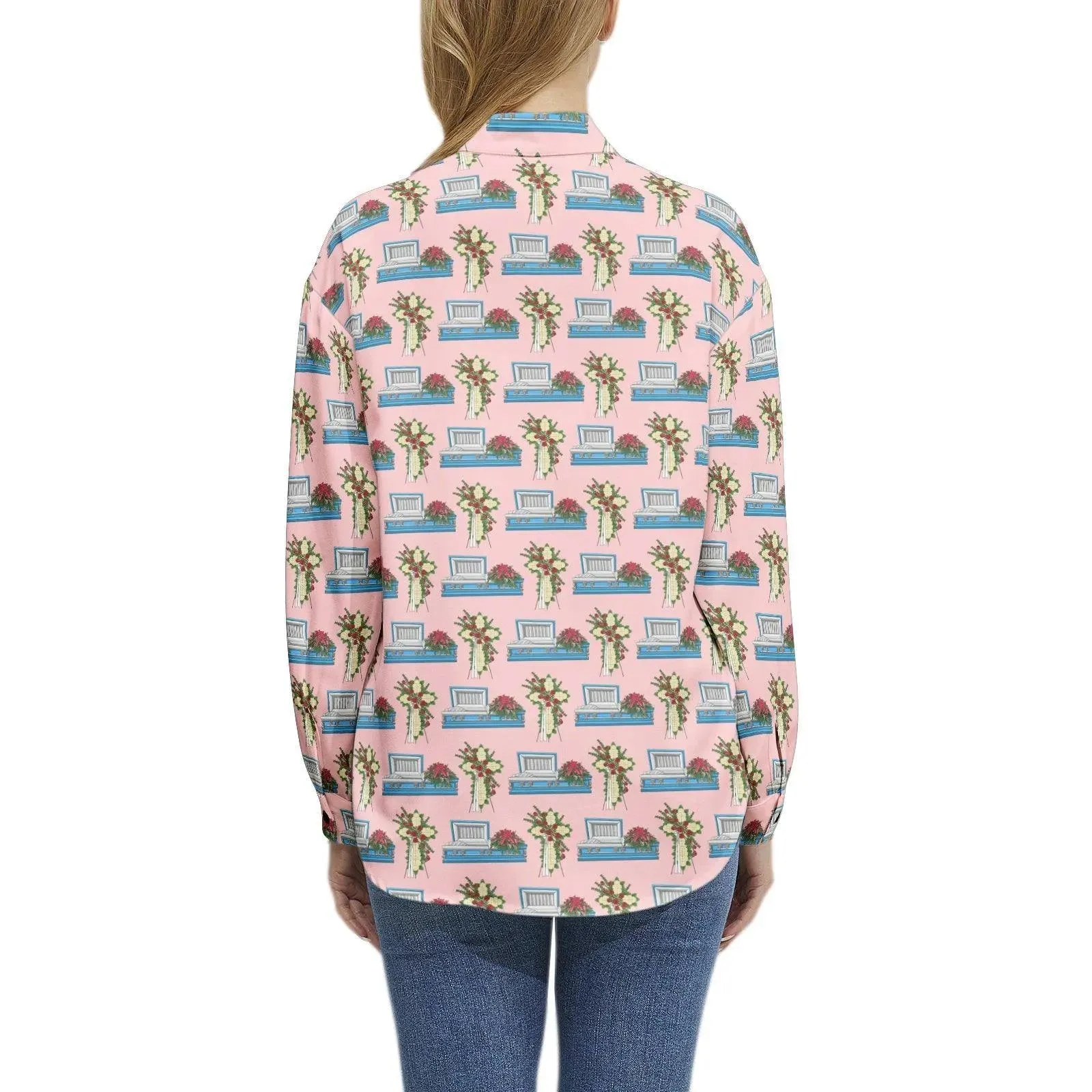 Light Blue Casket & Mum Cross Easel on Pink - Long Sleeve Blouse