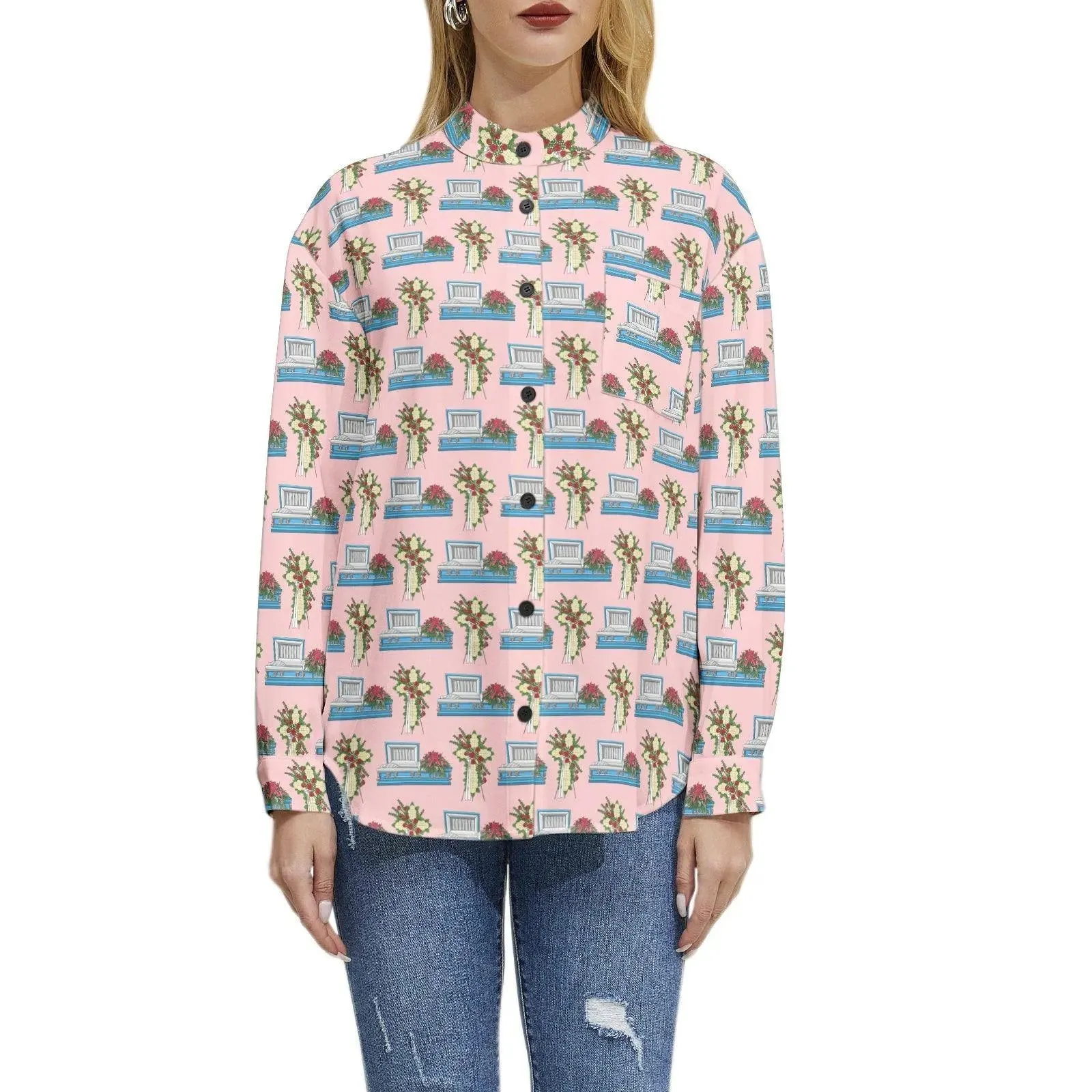 Light Blue Casket & Mum Cross Easel on Pink - Long Sleeve Blouse