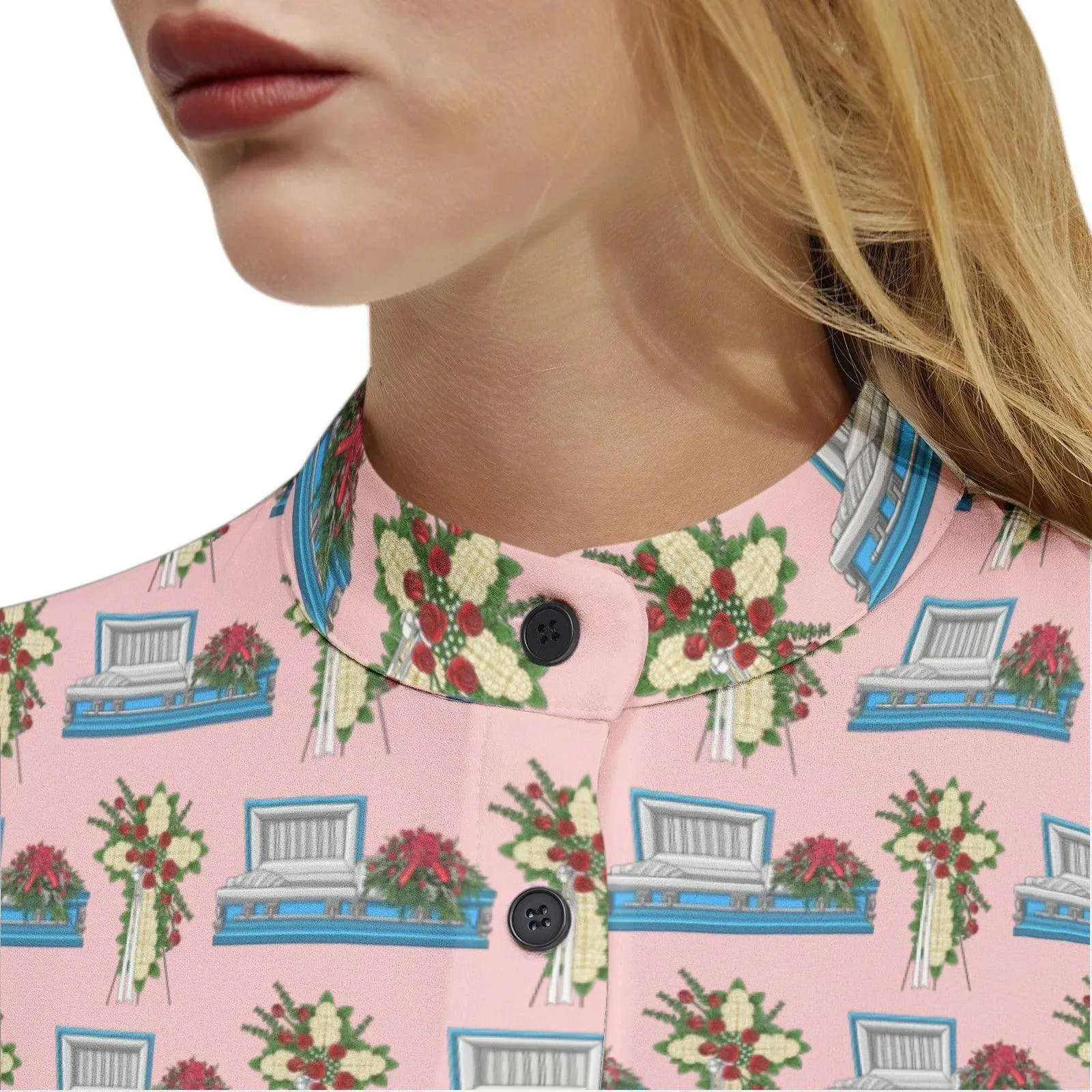 Light Blue Casket & Mum Cross Easel on Pink - Long Sleeve Blouse