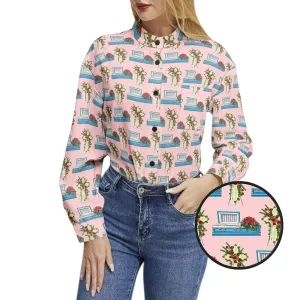 Light Blue Casket & Mum Cross Easel on Pink - Long Sleeve Blouse
