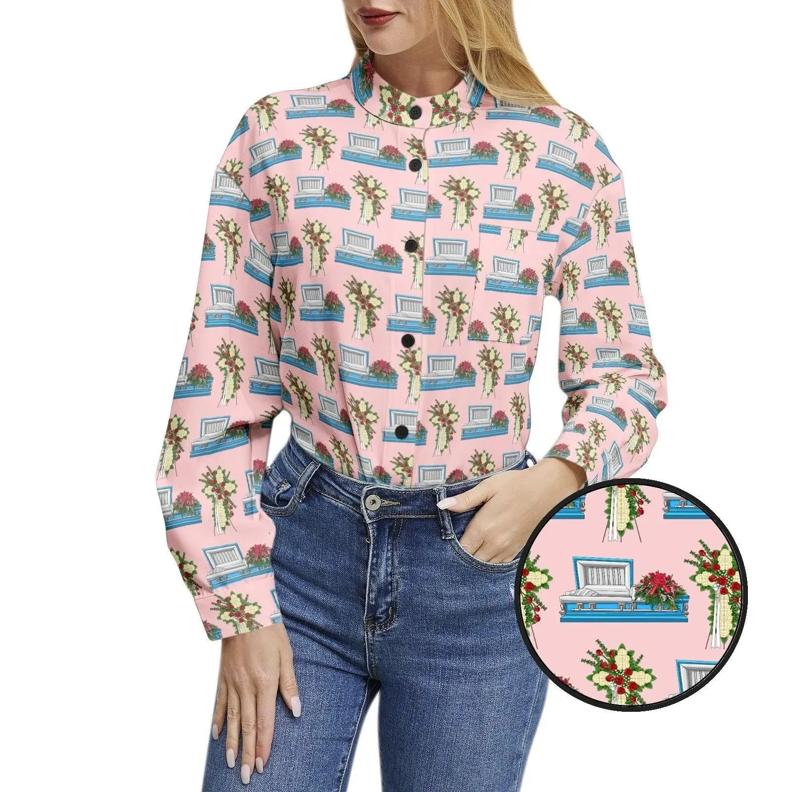 Light Blue Casket & Mum Cross Easel on Pink - Long Sleeve Blouse