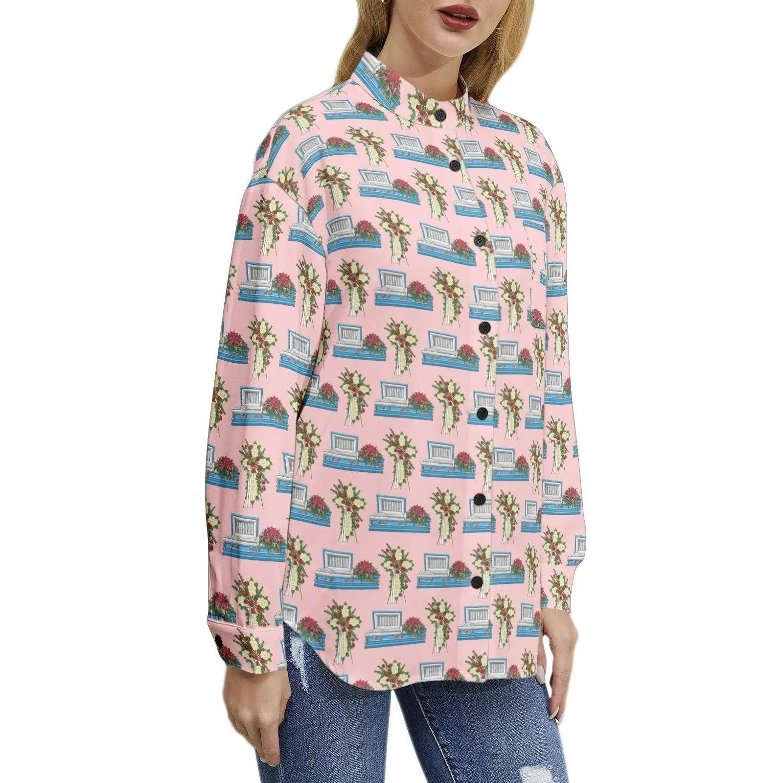 Light Blue Casket & Mum Cross Easel on Pink - Long Sleeve Blouse