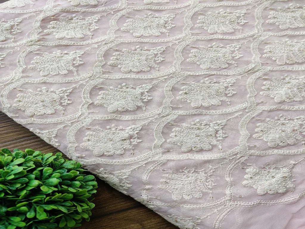 Light Pink White Lakhnawi Floral Emnbroidered Pure Georgette Fabric