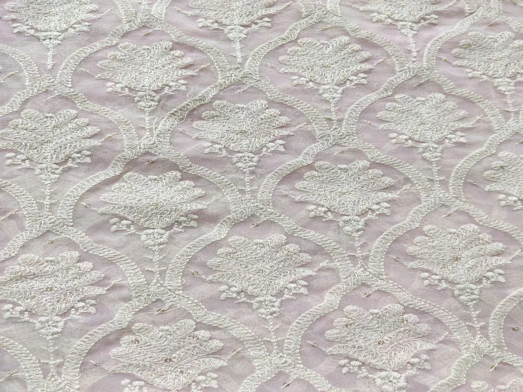 Light Pink White Lakhnawi Floral Emnbroidered Pure Georgette Fabric