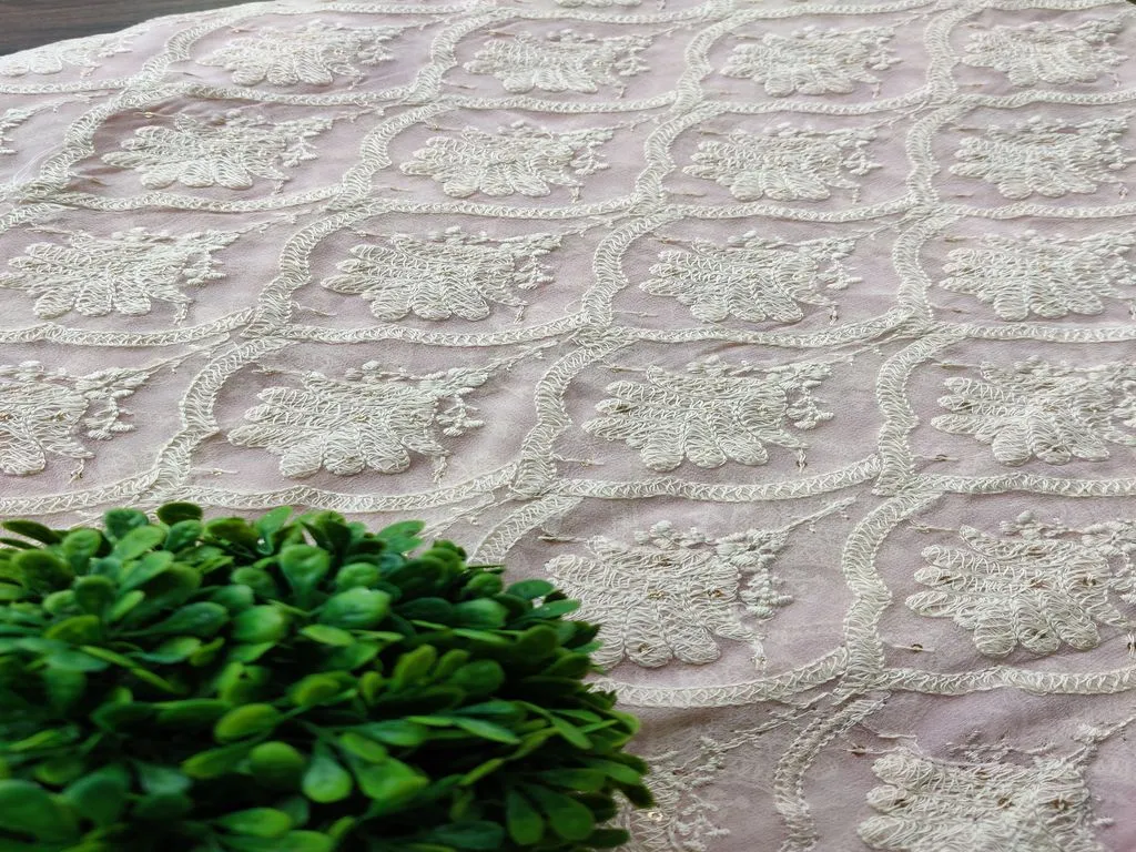 Light Pink White Lakhnawi Floral Emnbroidered Pure Georgette Fabric