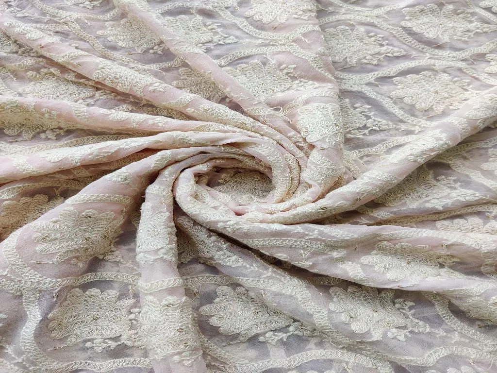 Light Pink White Lakhnawi Floral Emnbroidered Pure Georgette Fabric
