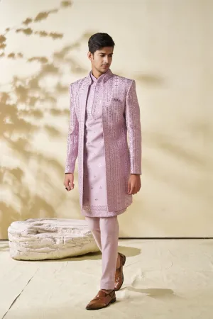 Lilac Jacket Set With Motif Embroidered And Sequins Work