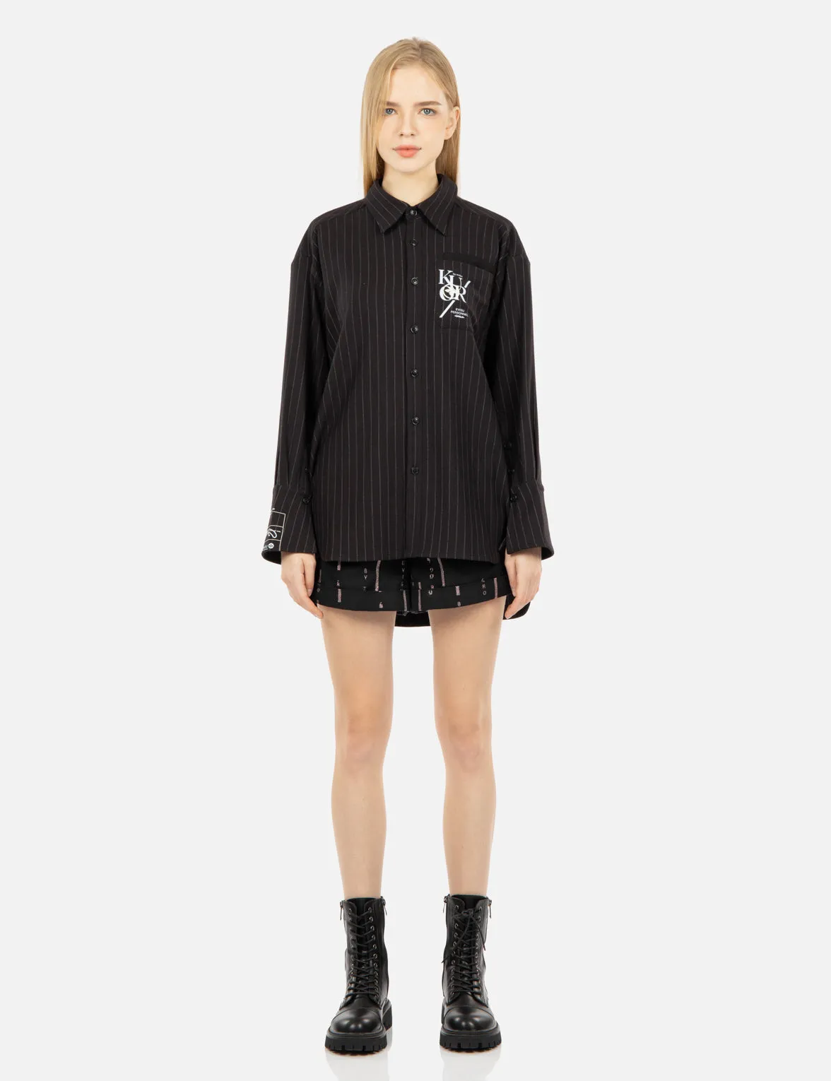 Logo and Slogan Print Stripe Shirt