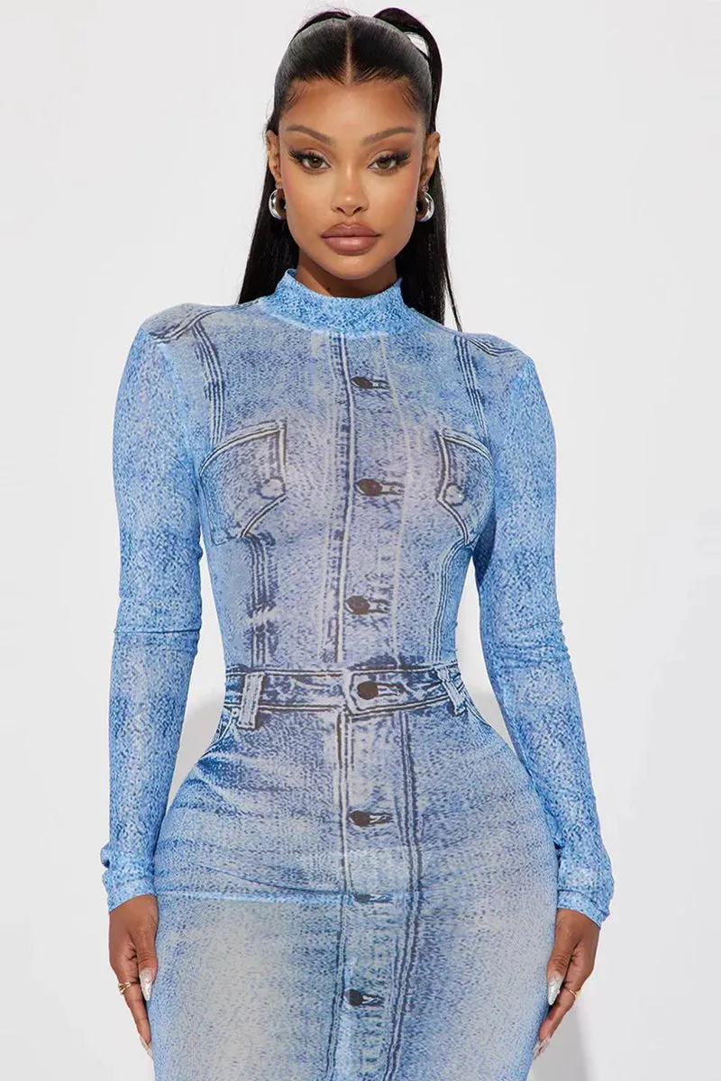 Long Sleeve Denim Print Bodycon Maxi Dress