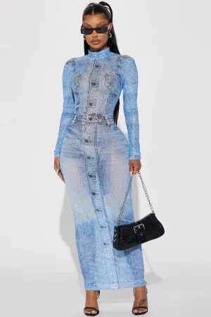 Long Sleeve Denim Print Bodycon Maxi Dress