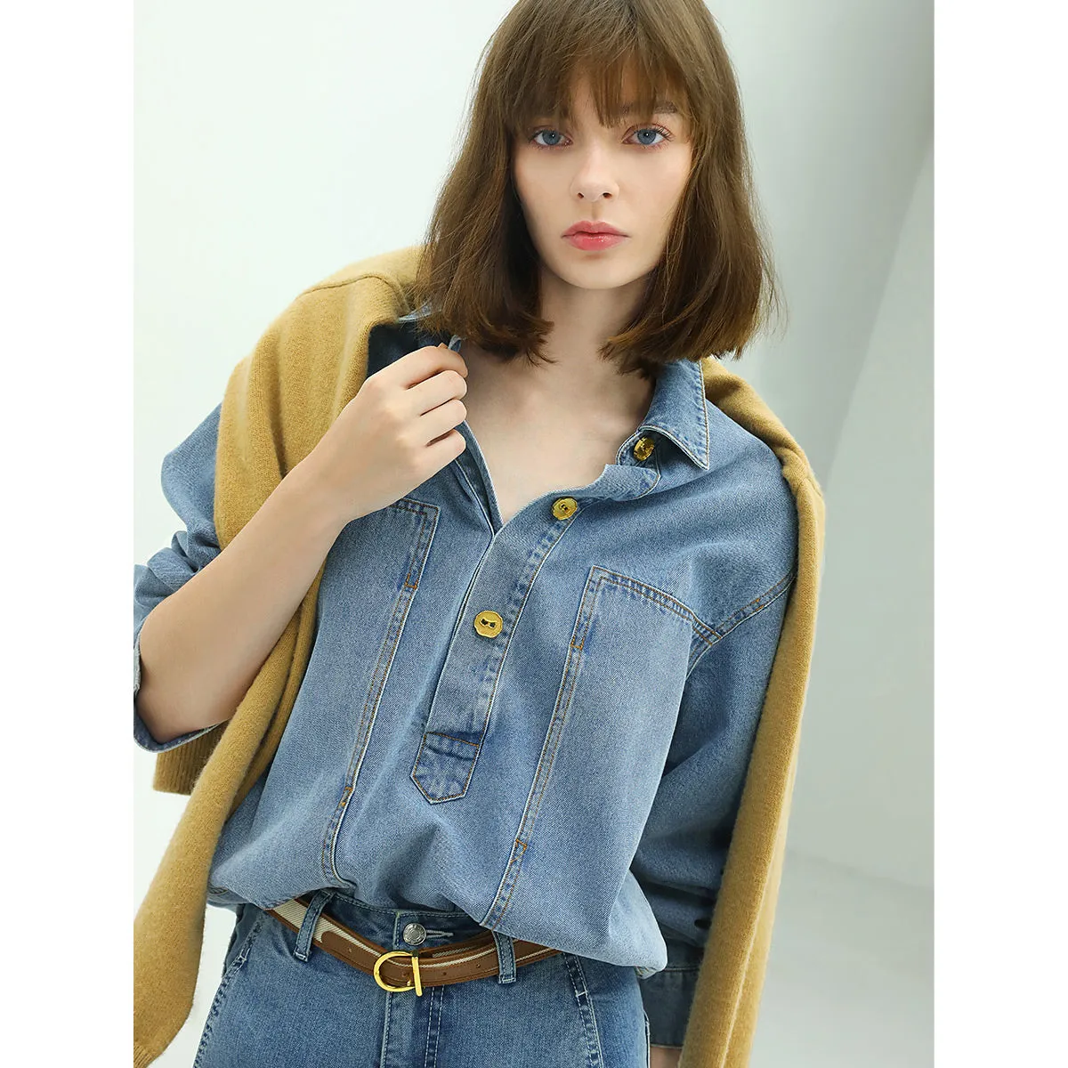Long Sleeved Blue Denim Shirt with Contrasting Mustard Buttons
