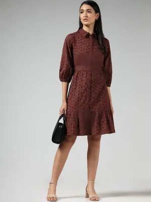 LOV Chocolate Brown Schiffli Cotton Shirt Dress with Belt