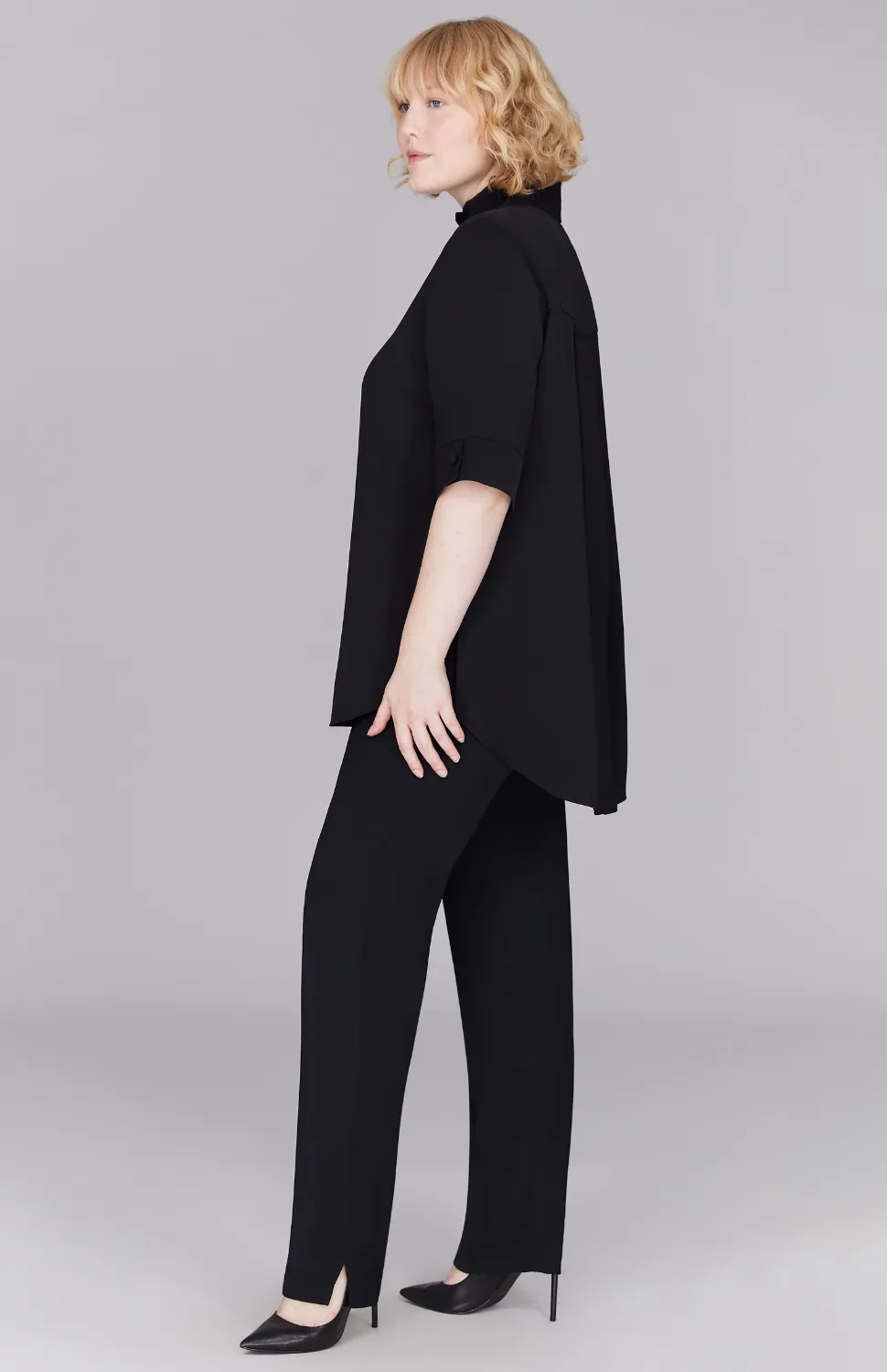 Lustrous Crepe Mandarin Collar Button Down Tunic