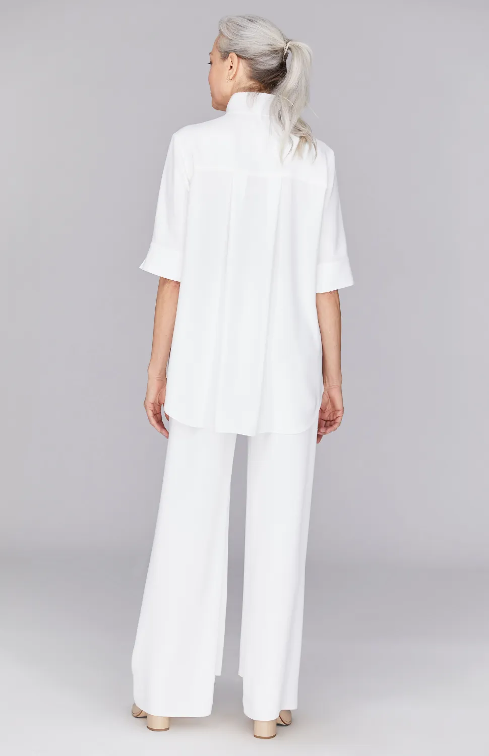 Lustrous Crepe Mandarin Collar Button Down Tunic