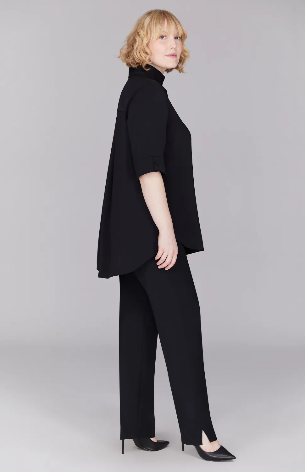 Lustrous Crepe Mandarin Collar Button Down Tunic