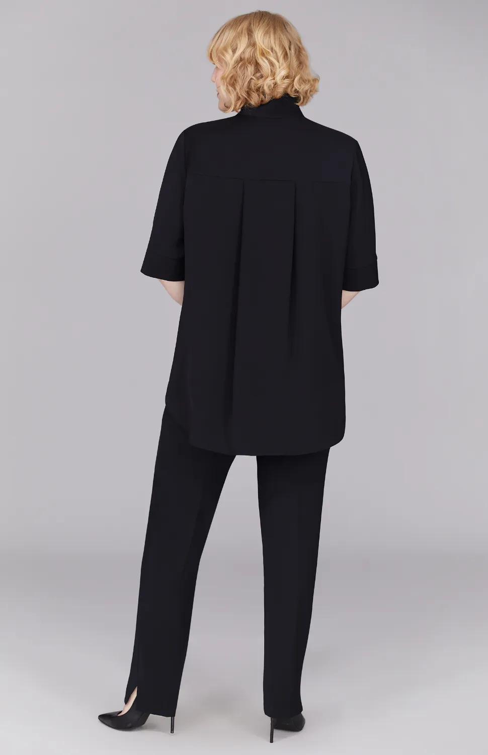 Lustrous Crepe Mandarin Collar Button Down Tunic