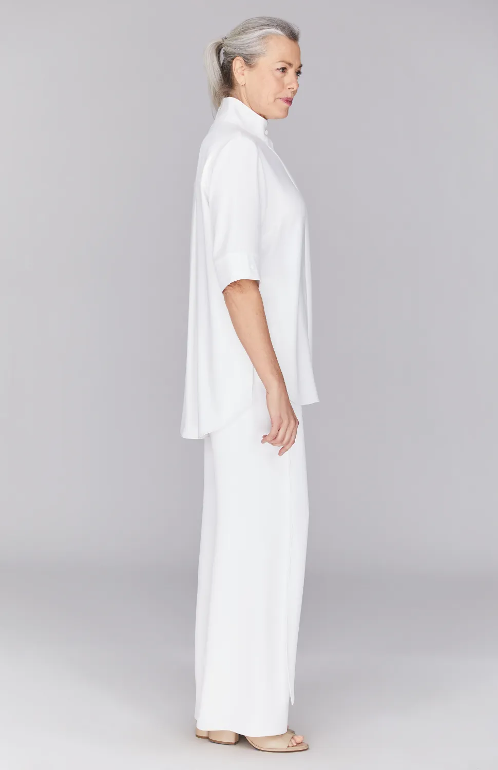 Lustrous Crepe Mandarin Collar Button Down Tunic