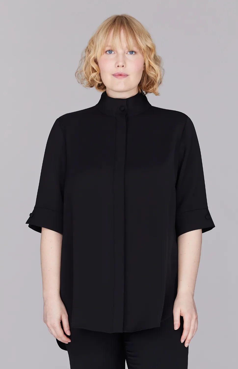 Lustrous Crepe Mandarin Collar Button Down Tunic
