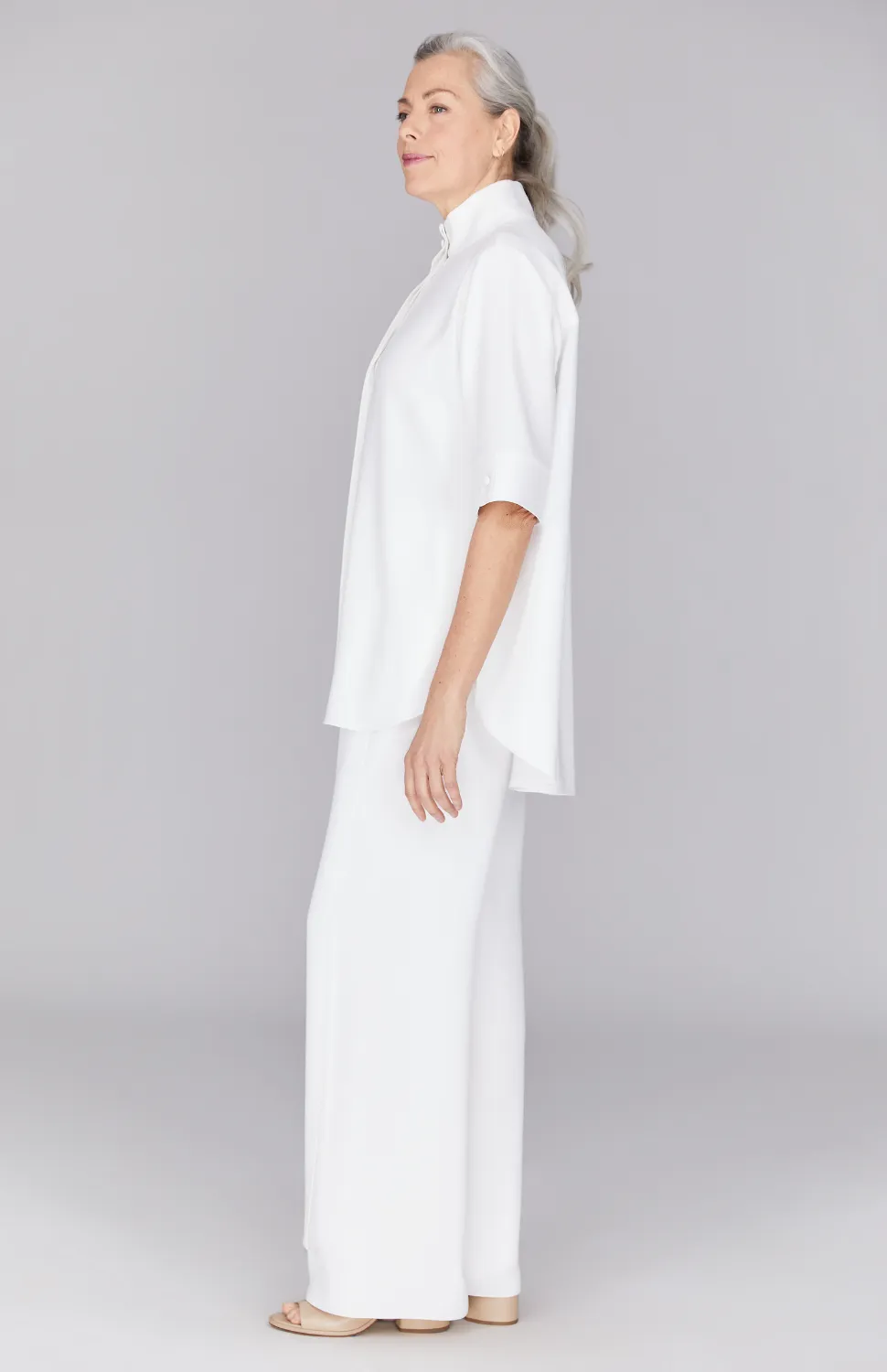 Lustrous Crepe Mandarin Collar Button Down Tunic