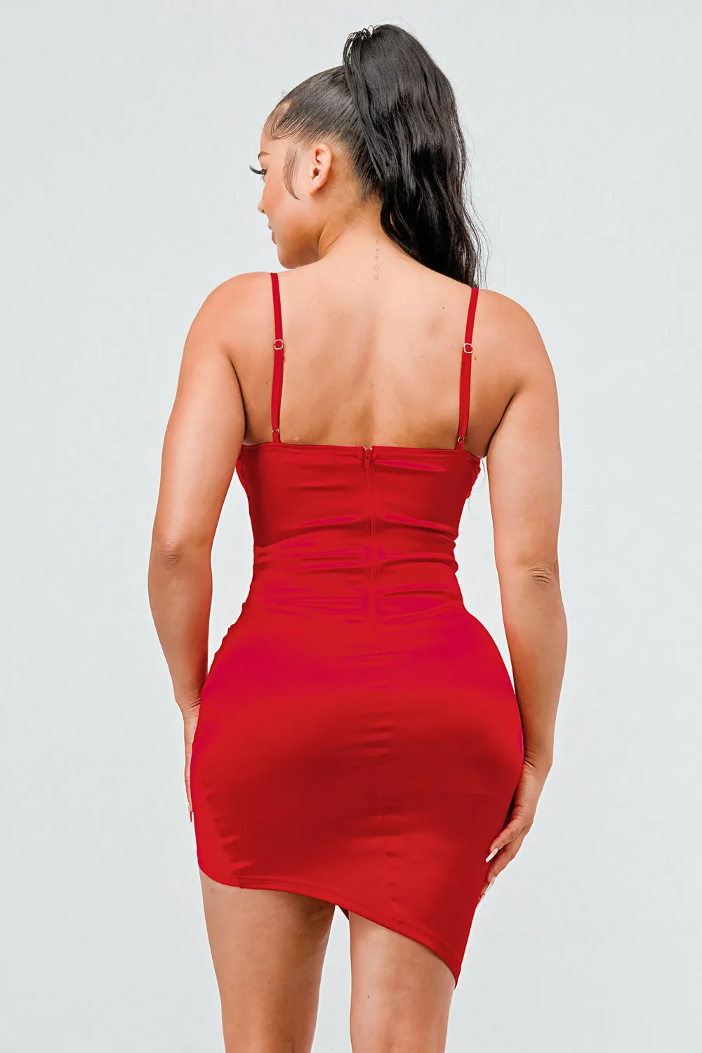 LUX SATIN SEE-THRU MESH TULIP BODYCON DRESS