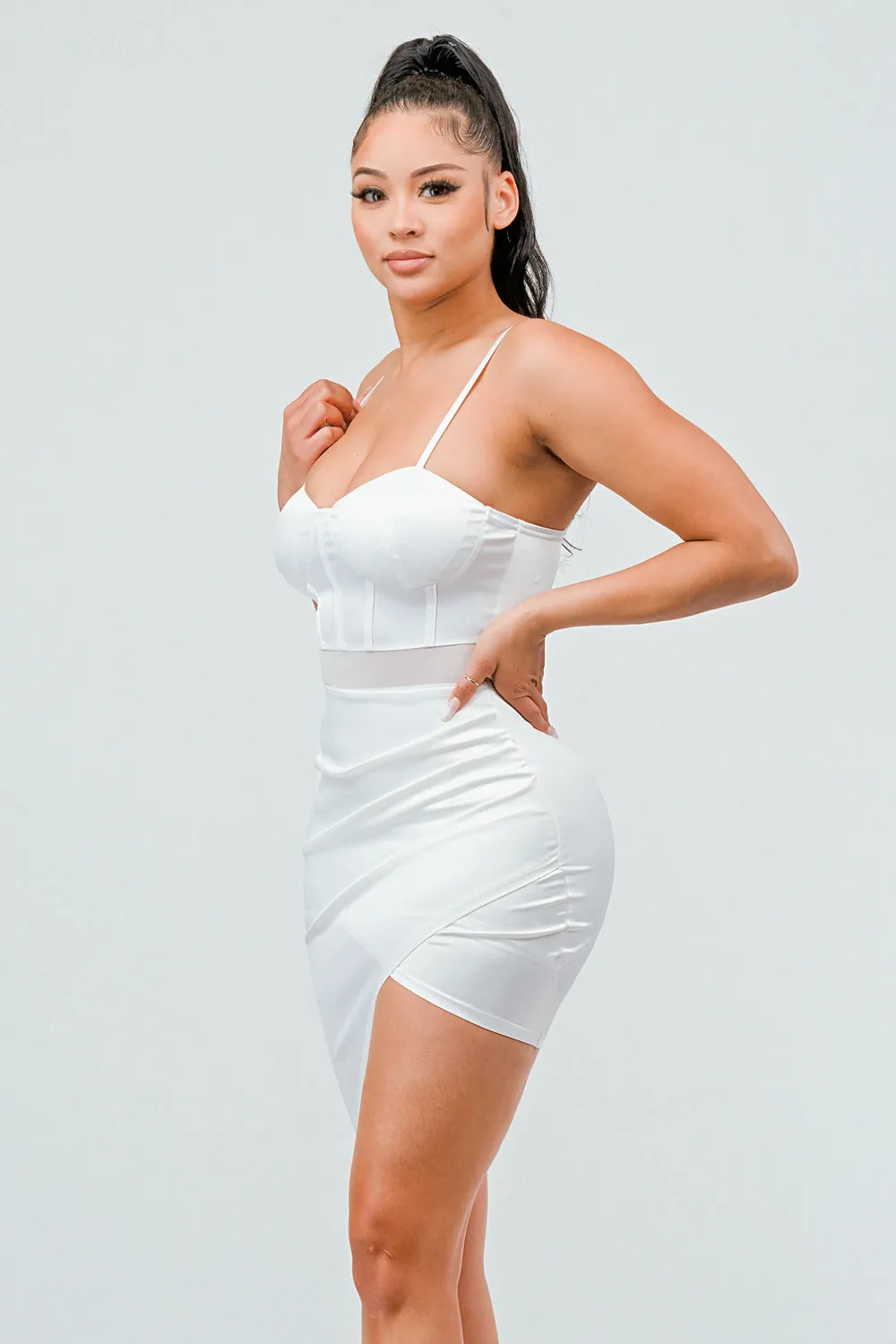 LUX SATIN SEE-THRU MESH TULIP BODYCON DRESS