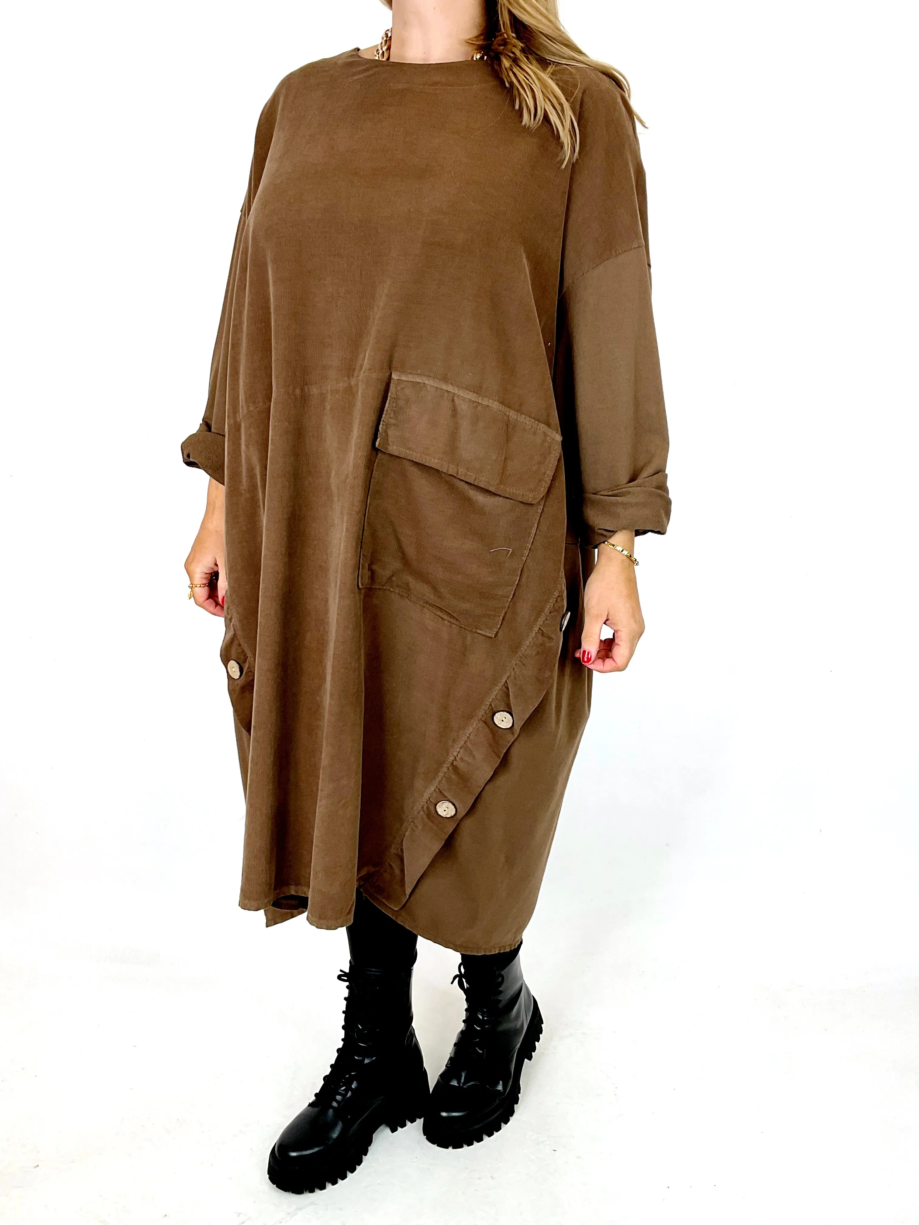 Made in Italy Lagenlook Matsu Button Cord Tunic in Chocolate. code 91805