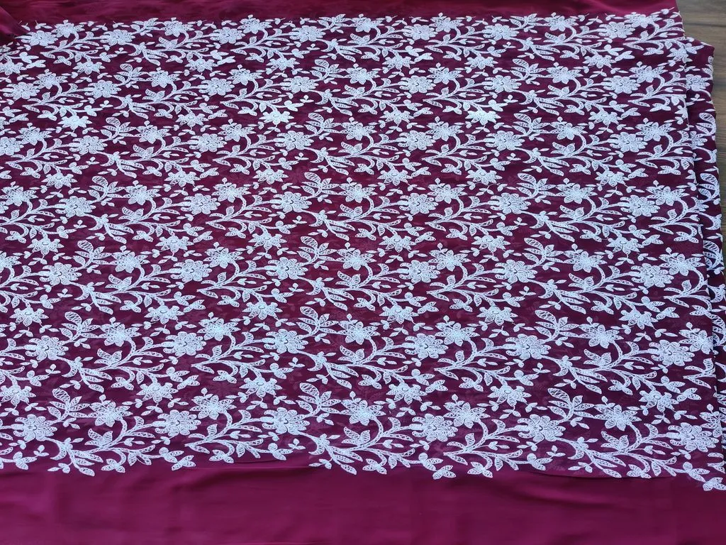 Maroon White Flowers Chikankari Embroidered Georgette Fabric