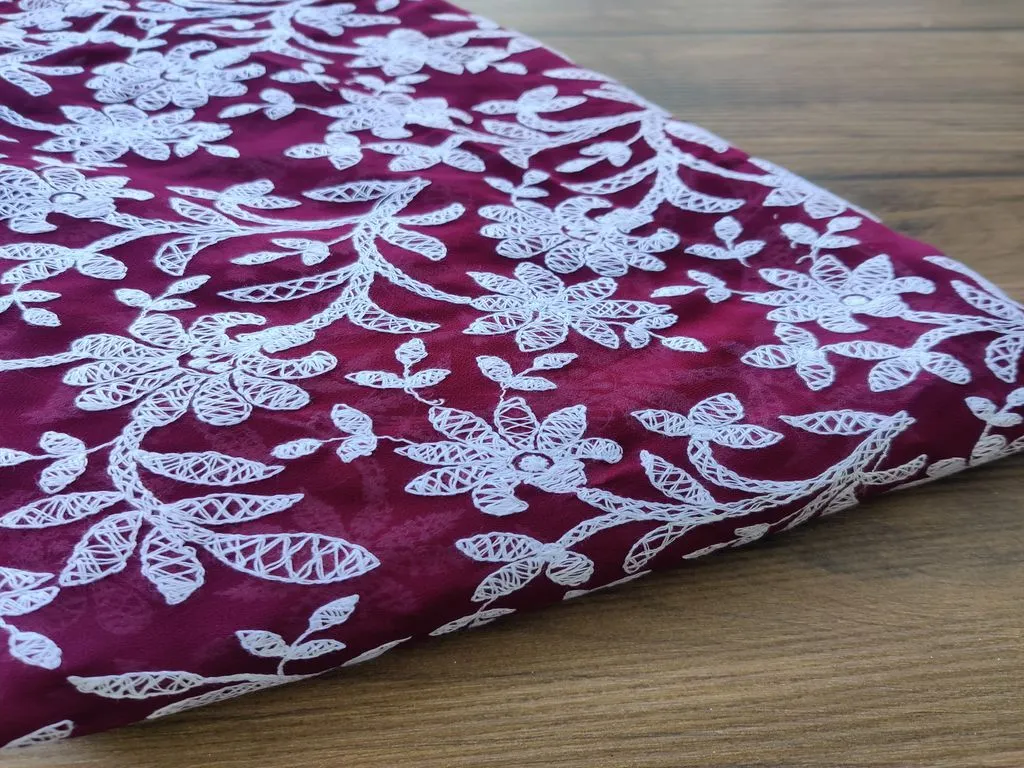 Maroon White Flowers Chikankari Embroidered Georgette Fabric