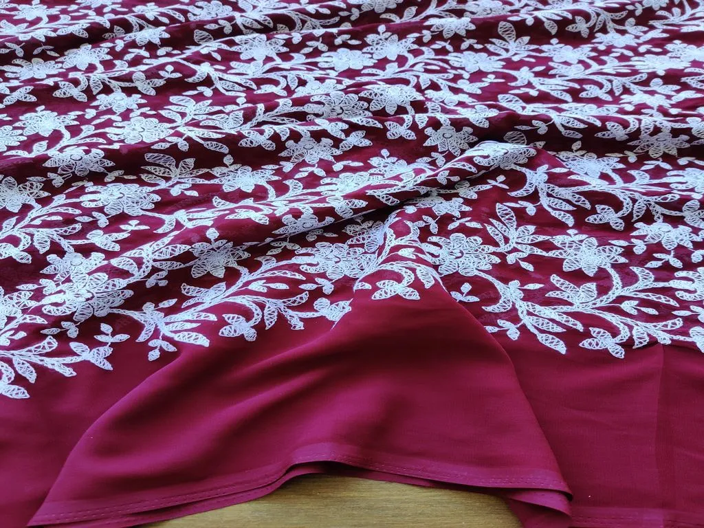 Maroon White Flowers Chikankari Embroidered Georgette Fabric