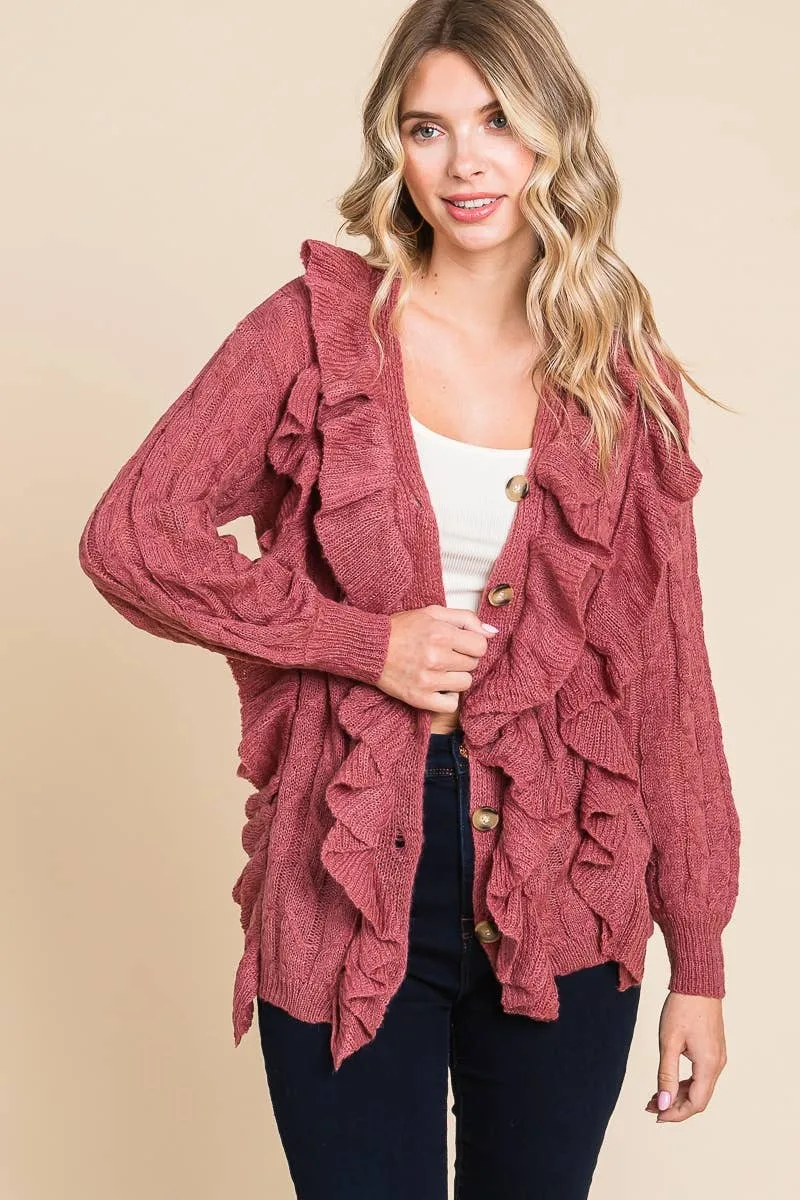 Mauve Button Up Cascade Ruffle Cardigan Sweater