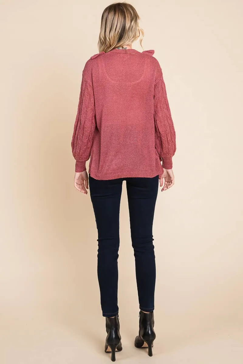 Mauve Button Up Cascade Ruffle Cardigan Sweater