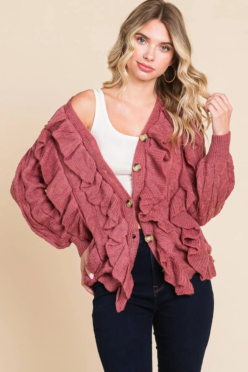 Mauve Button Up Cascade Ruffle Cardigan Sweater