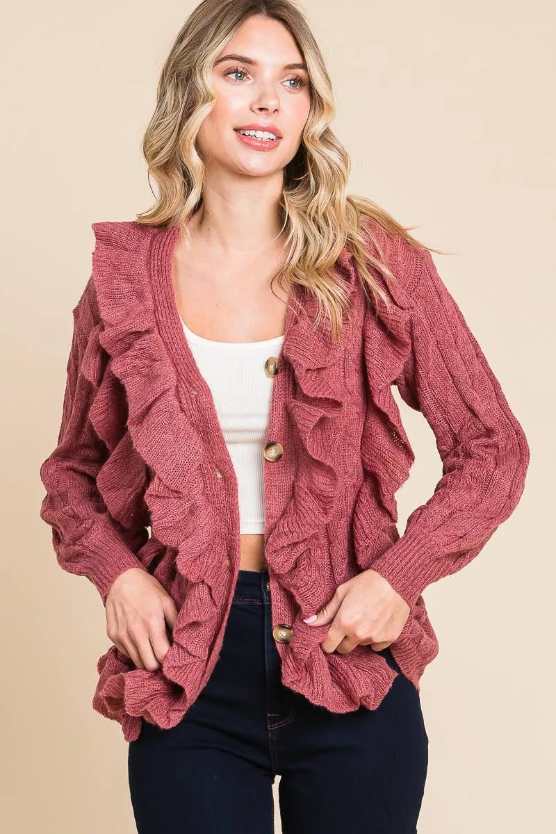 Mauve Button Up Cascade Ruffle Cardigan Sweater