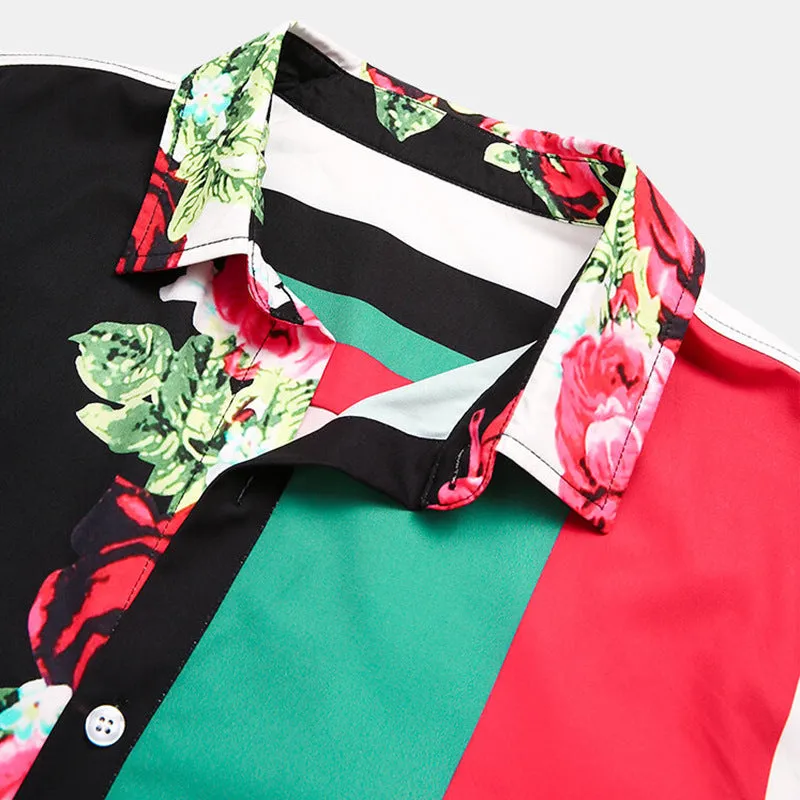 Men Floral & Color Striped Patchwork Shirt