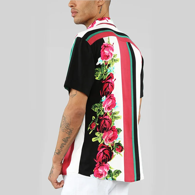 Men Floral & Color Striped Patchwork Shirt