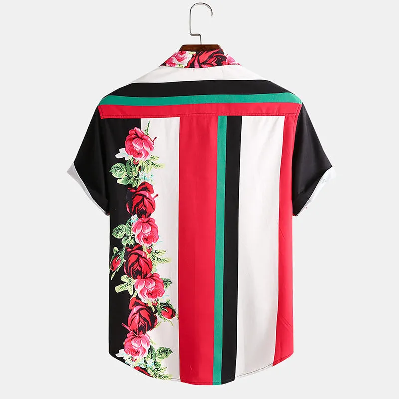 Men Floral & Color Striped Patchwork Shirt