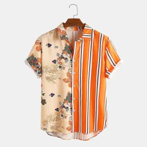 Men Landscape Painting Striped Patchwork Holiday Shirt