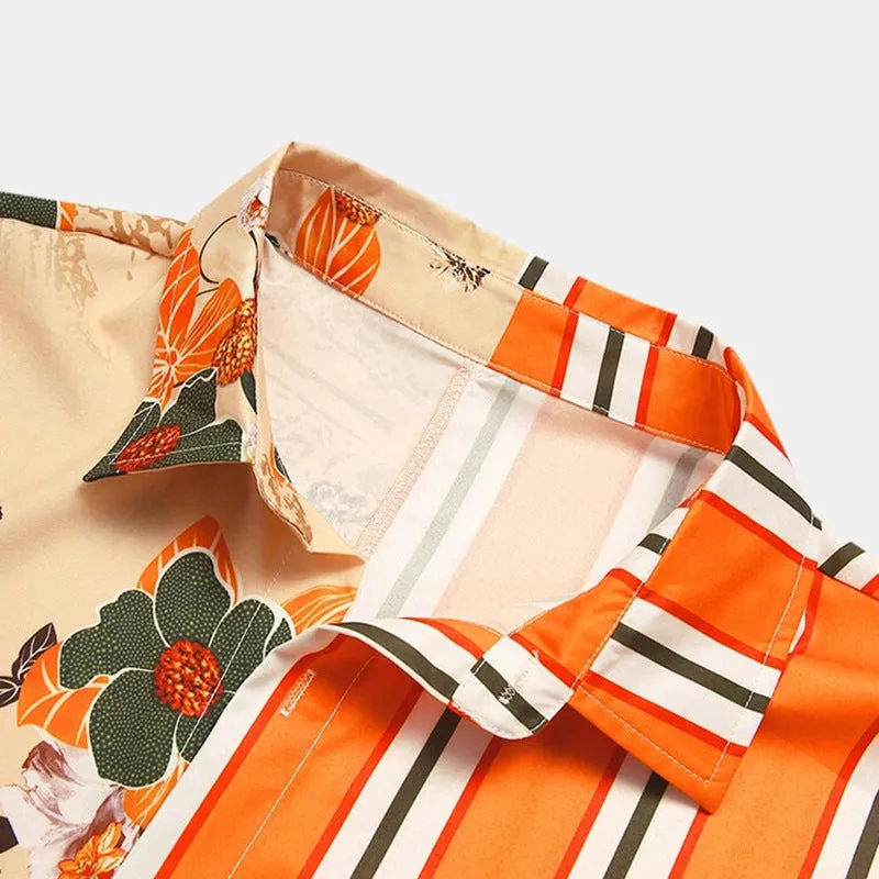 Men Landscape Painting Striped Patchwork Holiday Shirt