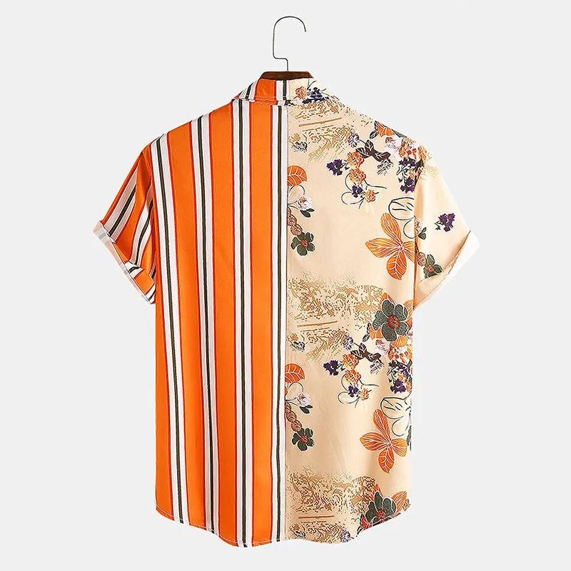Men Landscape Painting Striped Patchwork Holiday Shirt