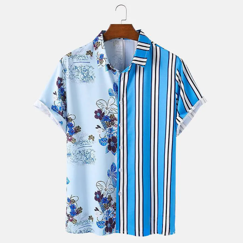 Men Landscape Painting Striped Patchwork Holiday Shirt