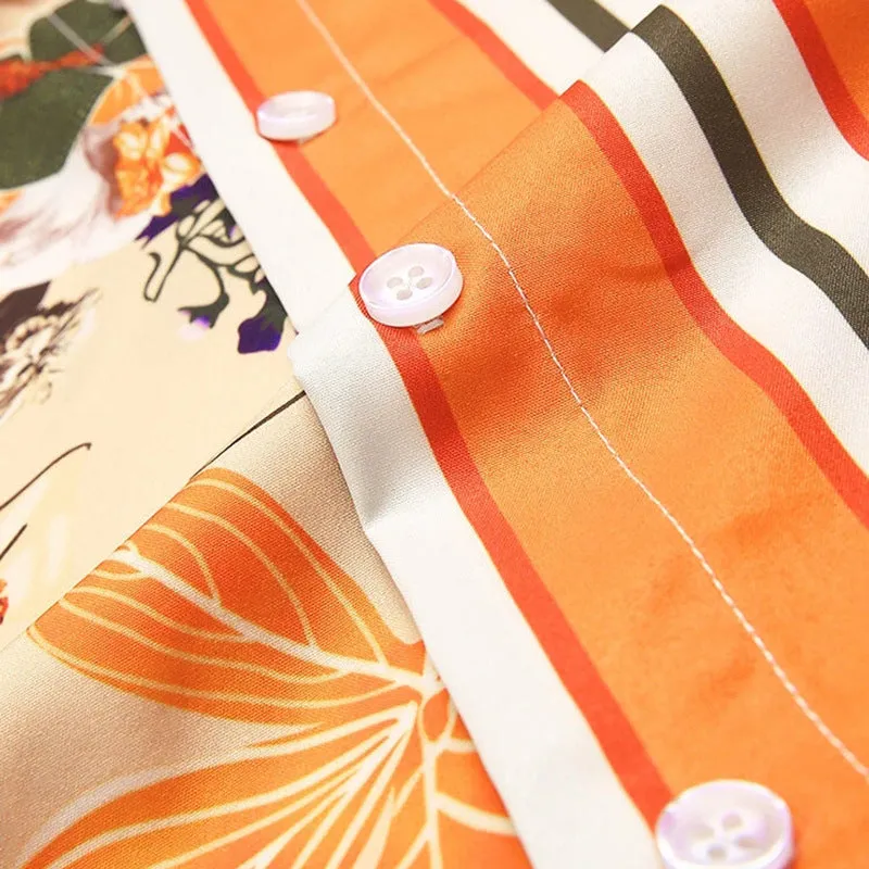 Men Landscape Painting Striped Patchwork Holiday Shirt