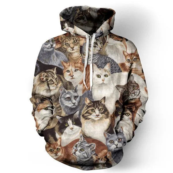 Men's 3D Animal Cat Printed Front Pocket Drawstring Hooded Couple's Loose Fit Hoodies